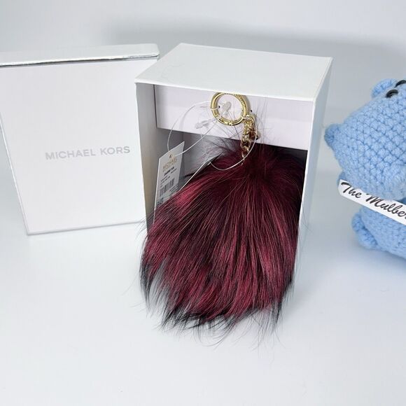 Michael Kors Large Fox Fur Pom Pom In Mulberry Gold Hardware Keychain Box Charms - Picture 3 of 5
